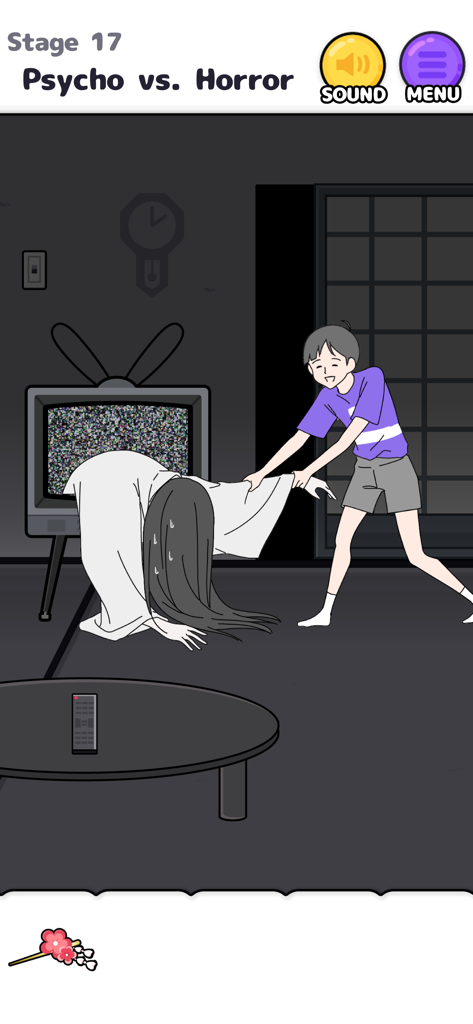 サイコボーイ脱出ゲームで、テレビ画面から幽霊の女の子を引き抜くカートゥーンの少年。