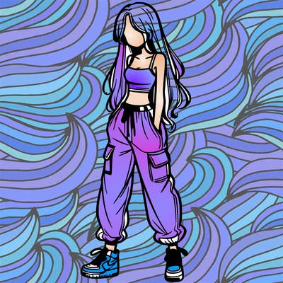 girl in baggy pants crop top and long hair