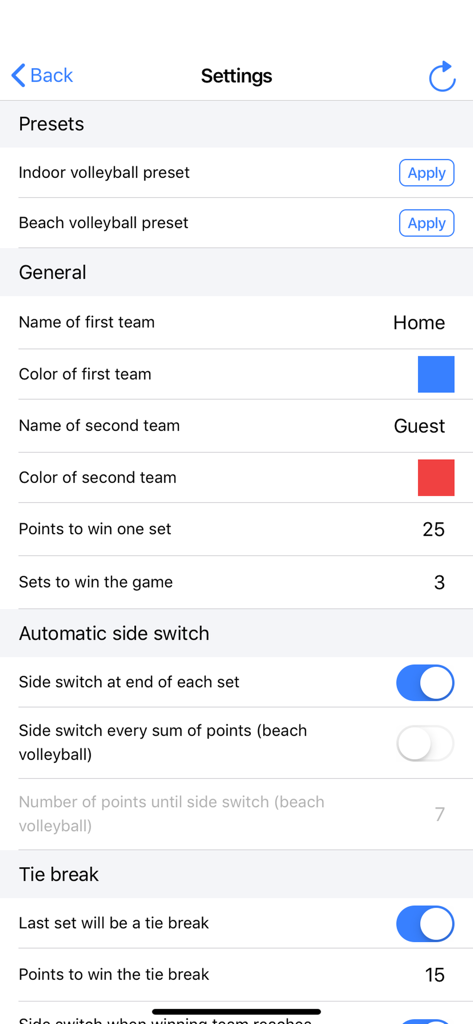 A screenshot of the settings menu in the Volleyball Score Simple app showing options for game presets and team customization.