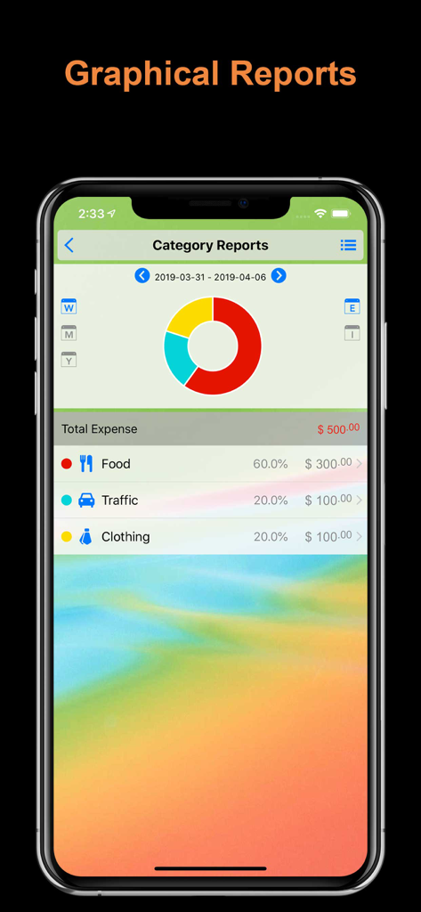 DayCost - Personal Finance - DayCost app graphical reports showing a donut chart of weekly expenses by category