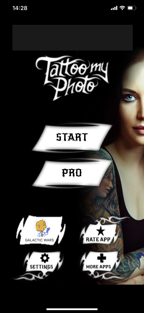Home screen of the Tattoo My Photo app featuring a woman with arm tattoos and navigation buttons for Start and Pro