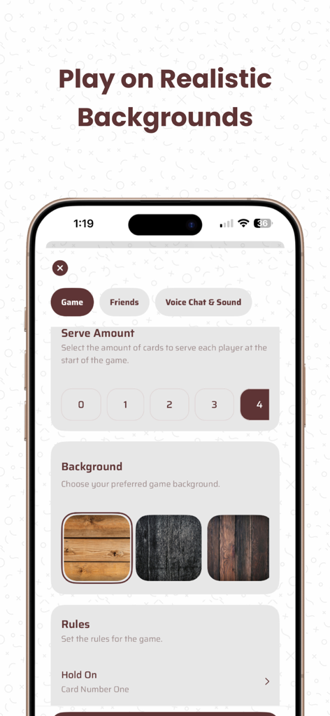 Whotnite - Play Whot Online - A mobile screen showing Whotnite game settings where users can select realistic wood backgrounds and game rules.