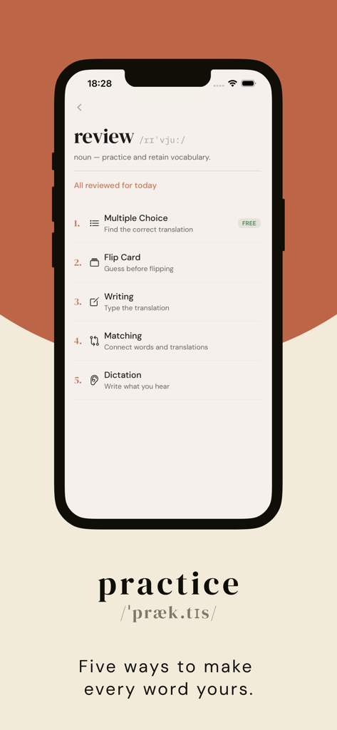 myw - Daily Vocabulary - Una pantalla de aplicación móvil minimalista que muestra cinco métodos diferentes para practicar y revisar palabras de vocabulario.