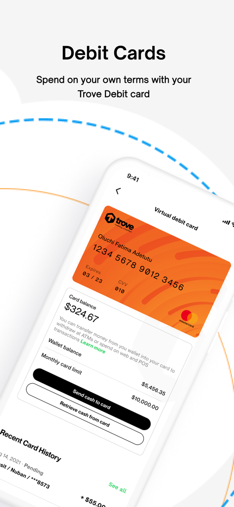 Trove - Investing, simplified - Trove app virtual debit card interface for spending and investing