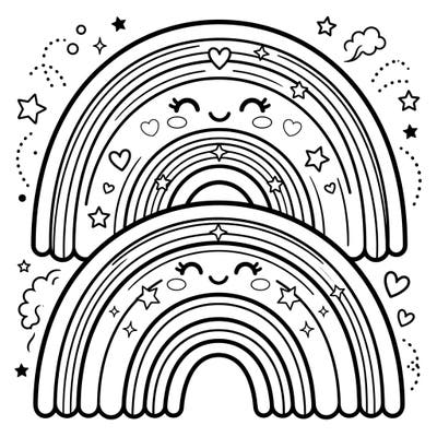 Dive into a world of cuteness with this charming Kawaii Supernumerary Bows coloring page. Featuring two delightful, smiling rainbows adorned with stars and hearts, it's a perfect blend of whimsy and joy.