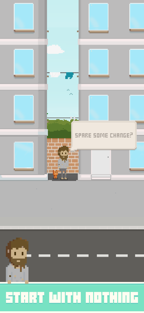 Virtual Beggar - 픽셀 아트 거지가 버추얼 베거 모바일 게임에서 잔돈을 구걸하는 모습.