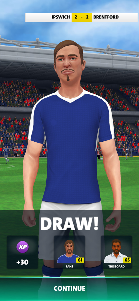 Soccer Club Management 2025 post-match draw result screen showing xp gain and board satisfaction