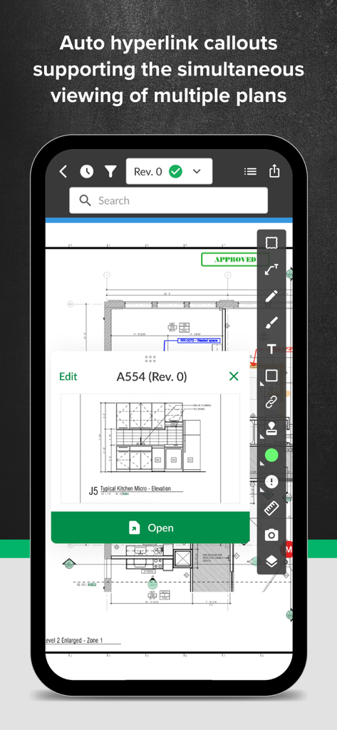 Interfaz de la aplicación STACK que muestra llamadas de hipervínculos automáticas para la visualización simultánea de planos de construcción.