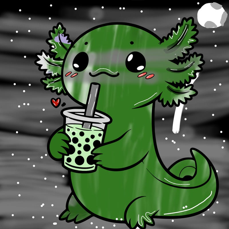 axolotl holding boba tea