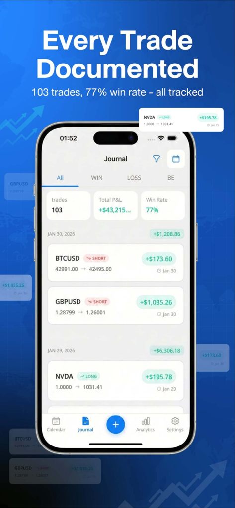 Trade Buddy - Trading Journal - Trade Buddy mobile app journal interface showing trade history win rate statistics and total profit performance