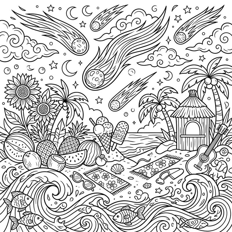 Embark on an extraordinary summer coloring journey where the warmth of the beach meets the wonder of the cosmos. This unique page blends tropical delights with celestial streakers for a truly out-of-this-world experience.