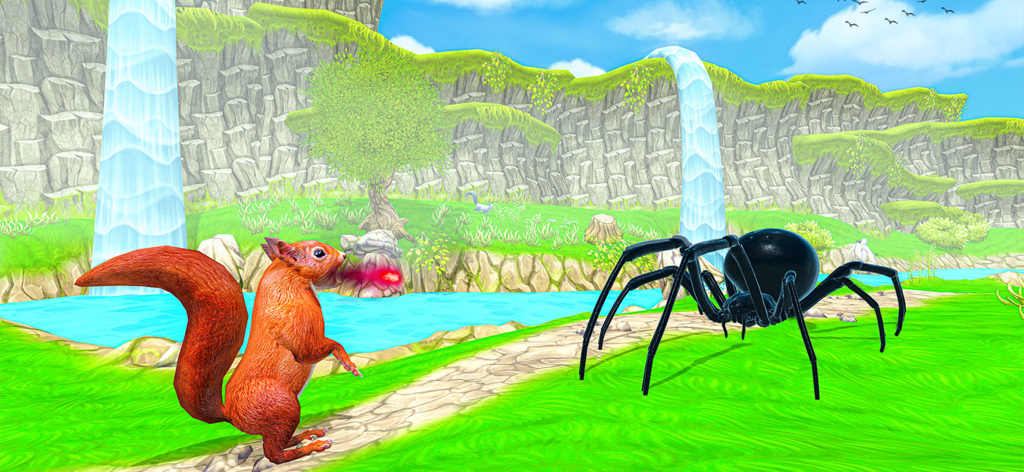 Squirrel Life Simulator Game - A squirrel facing off against a giant spider in a 3D forest simulator game