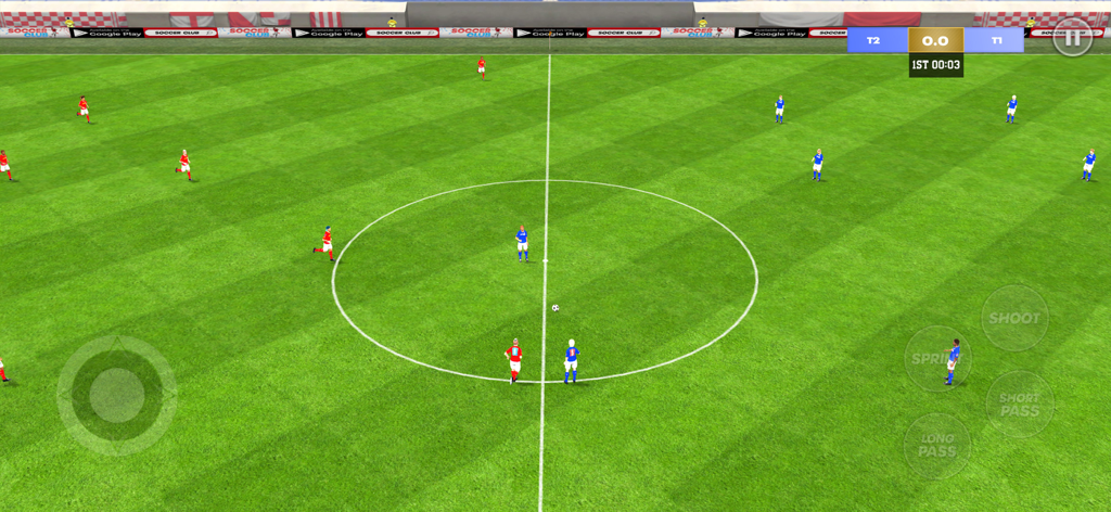 Football Club Star Soccer Game - Top down gameplay view of a soccer match with mobile touch controls and players in red and blue kits