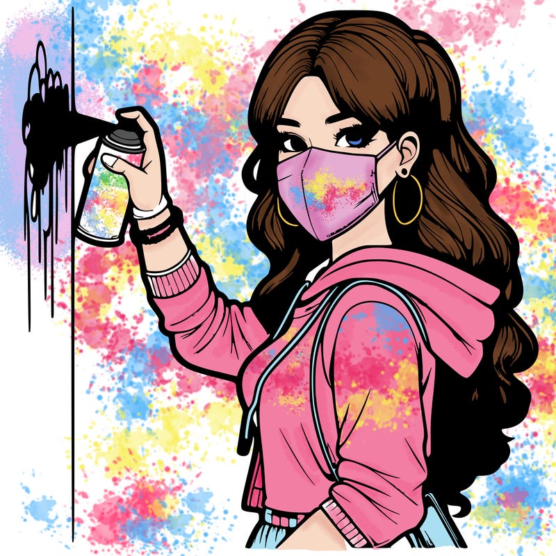 realistic girl with mask spray painting a wall