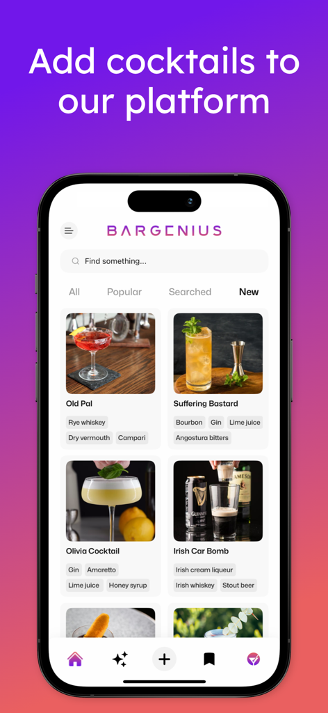 BarGenius - Cocktail App - Interfaz moderna de la aplicación BarGenius mostrando varias recetas de cócteles con imágenes de alta calidad y listas de ingredientes