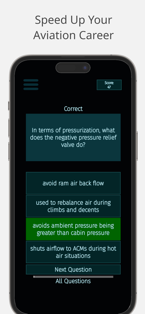 Quiz screen in ATPL Practice Canada app displaying an aviation exam question and the correct answer.
