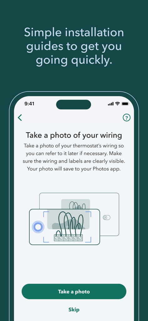 ecobee - The ecobee app showing a simple installation guide to take a photo of thermostat wiring.