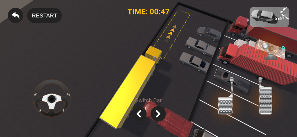 3D Car Parking Driving School - Top down view of a yellow semi truck maneuvering into a parking spot with on screen driving controls