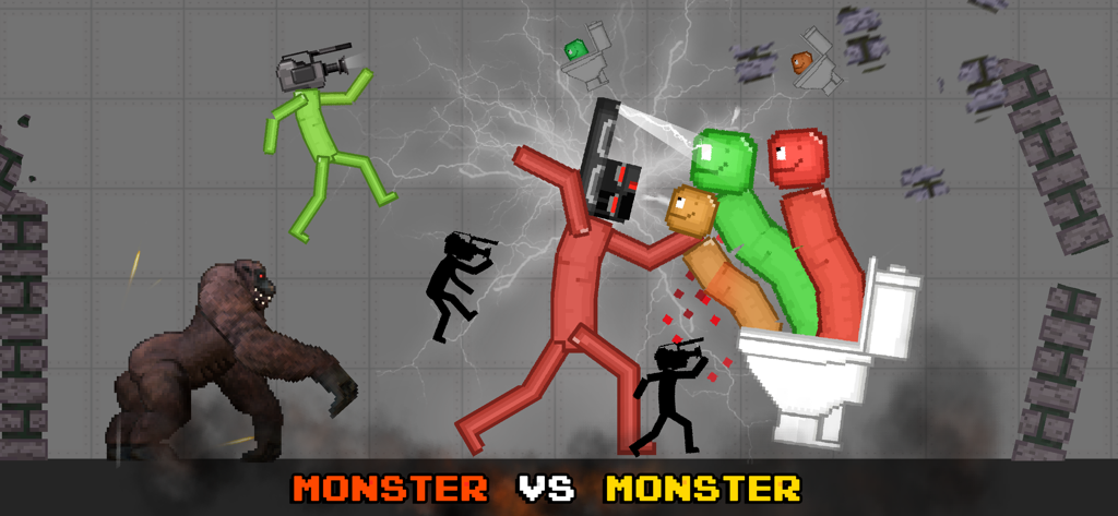 Battle Playground - Una escena de batalla pixelada que presenta monstruos stickman y un gorila gigante en un sandbox de física.