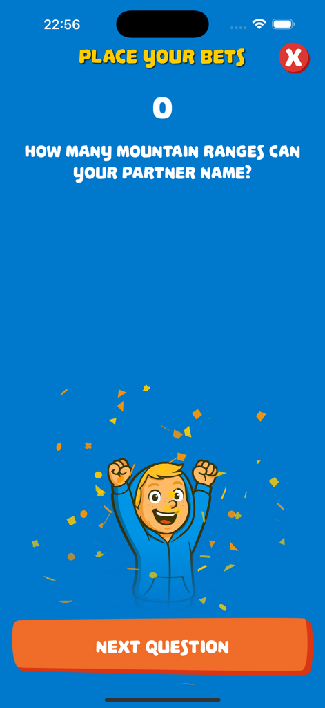 Cluso – Find the Impostor - Pantalla del minijuego Bet Buddy de la aplicación Cluso con una pregunta de trivia sobre cordilleras montañosas y un personaje feliz.