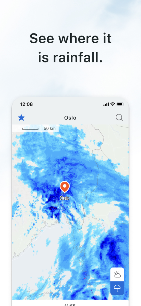 Yr.no mobile app interface showing a detailed rainfall radar map for Oslo