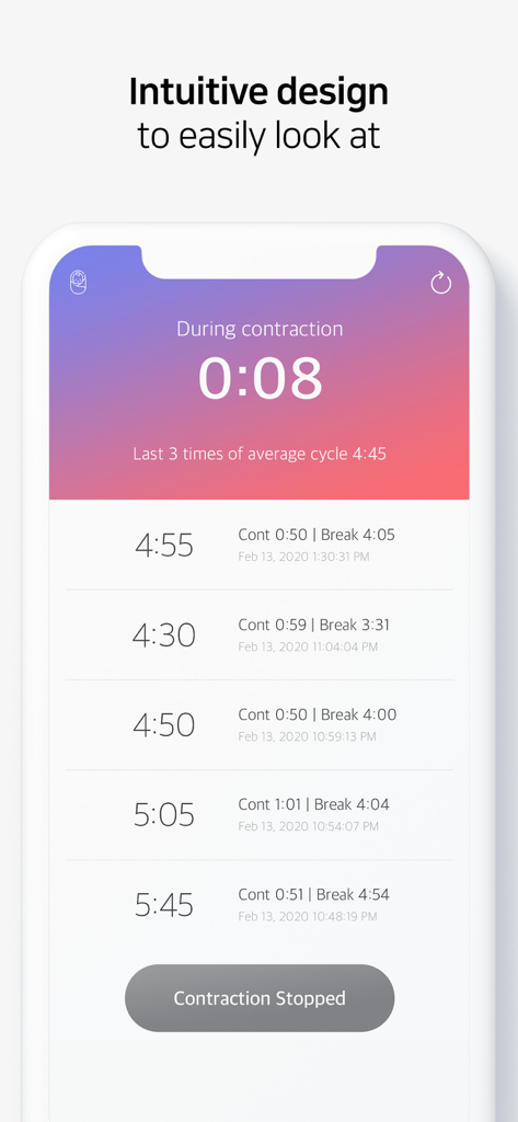 Have a safe delivery - Una pantalla de aplicación móvil que muestra un contador de contracciones con una interfaz sencilla para el seguimiento de los ciclos y el historial de parto.