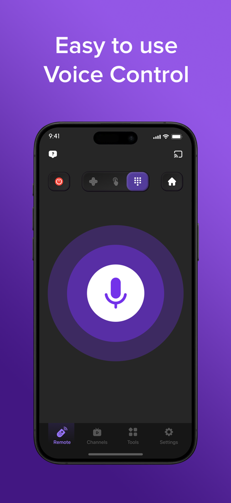 Interface of the TV Remote app showing the easy to use voice control feature with a large microphone button