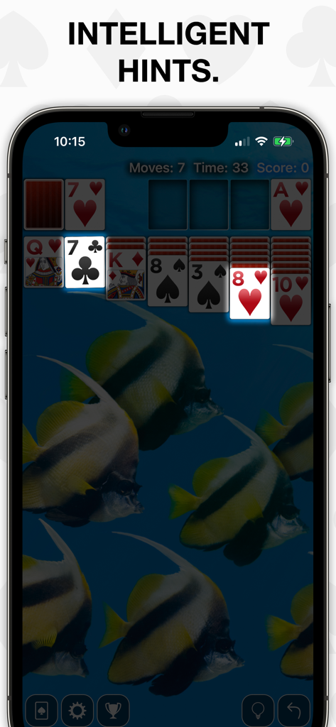 Real Solitaire Pro - Real Solitaire Pro game screen showcasing the intelligent hints feature with highlighted cards and fish wallpaper.