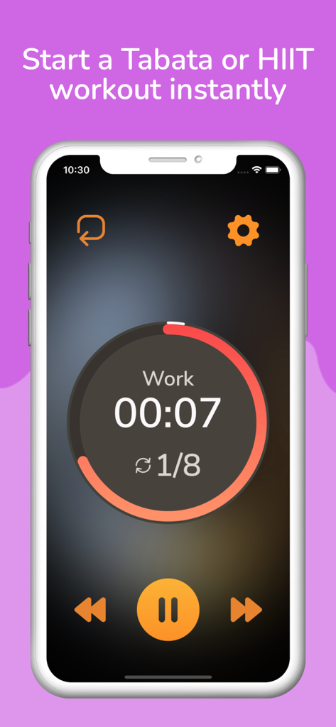 PureHIIT mobile app interface showing a minimalist Tabata workout timer and circular progress indicator
