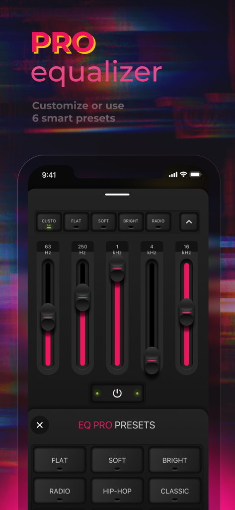 Bass Booster - Sound Amplifier - Professional equalizer interface with sound presets and frequency sliders in the Bass Booster app