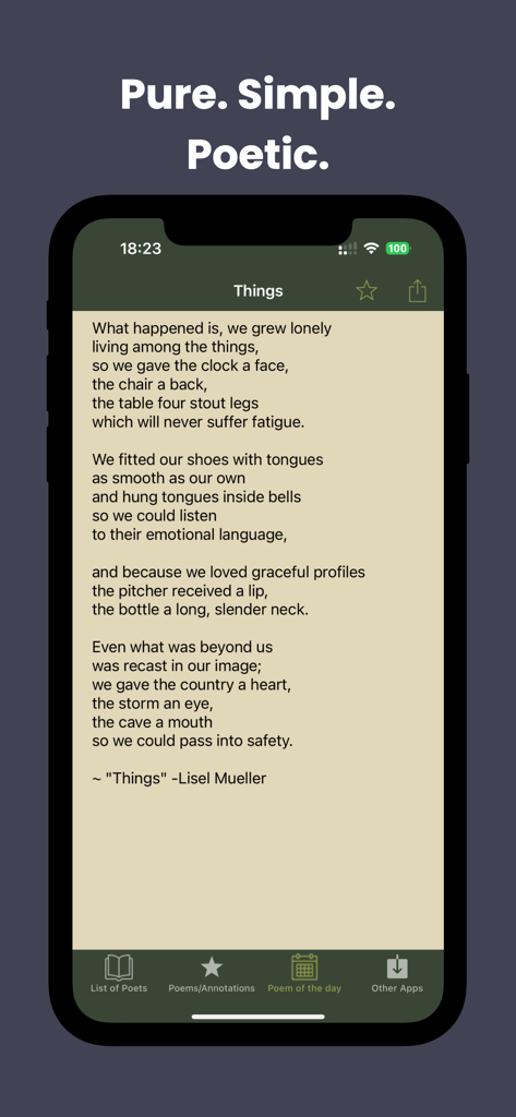 Reading interface of the Poems app showing the poem Things by Lisel Mueller