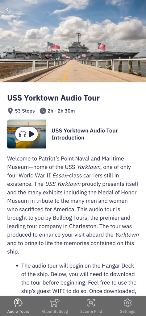 Patriots Point Experience - 애국자 포인트 체험 앱의 USS 요크타운 오디오 투어 인터페이스