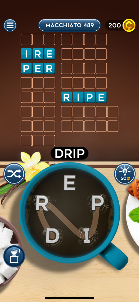 Word Mocha! - Word Mocha gameplay showing a coffee cup letter wheel and crossword puzzle