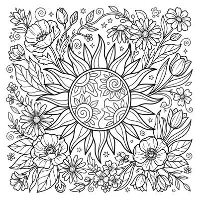 Welcome the longer days with this stunning coloring page, blending the warmth of the sun with the vibrant beauty of spring flowers. Its intricate design offers a delightful challenge for all ages, perfect for a moment of creative tranquility.