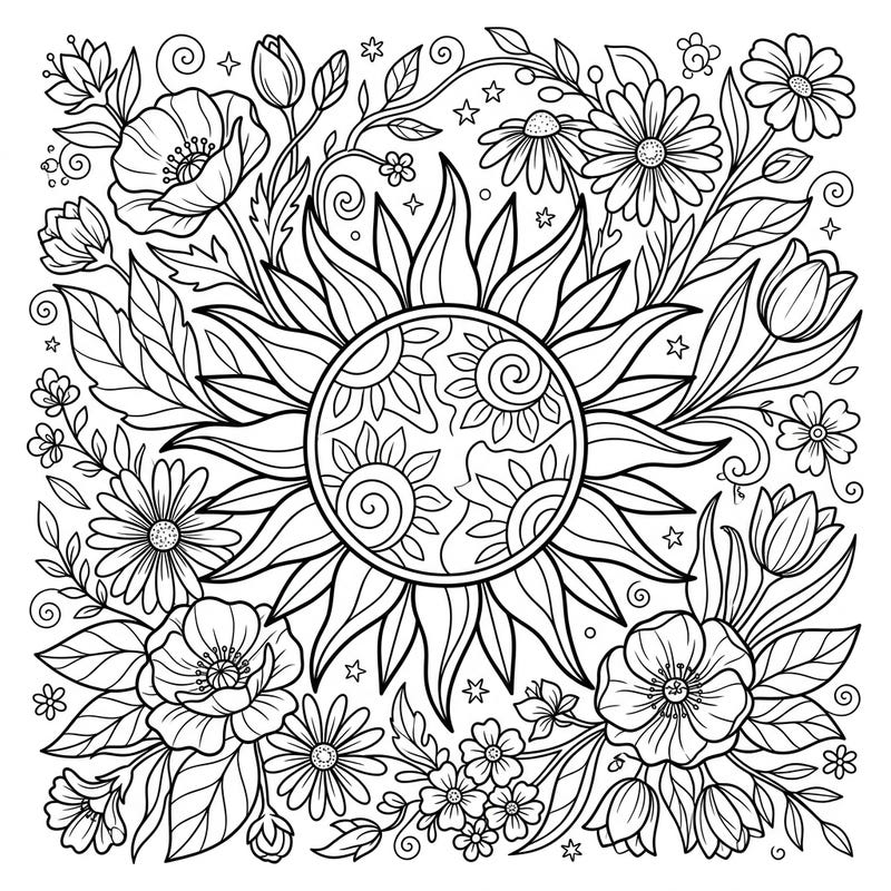 Welcome the longer days with this stunning coloring page, blending the warmth of the sun with the vibrant beauty of spring flowers. Its intricate design offers a delightful challenge for all ages, perfect for a moment of creative tranquility.