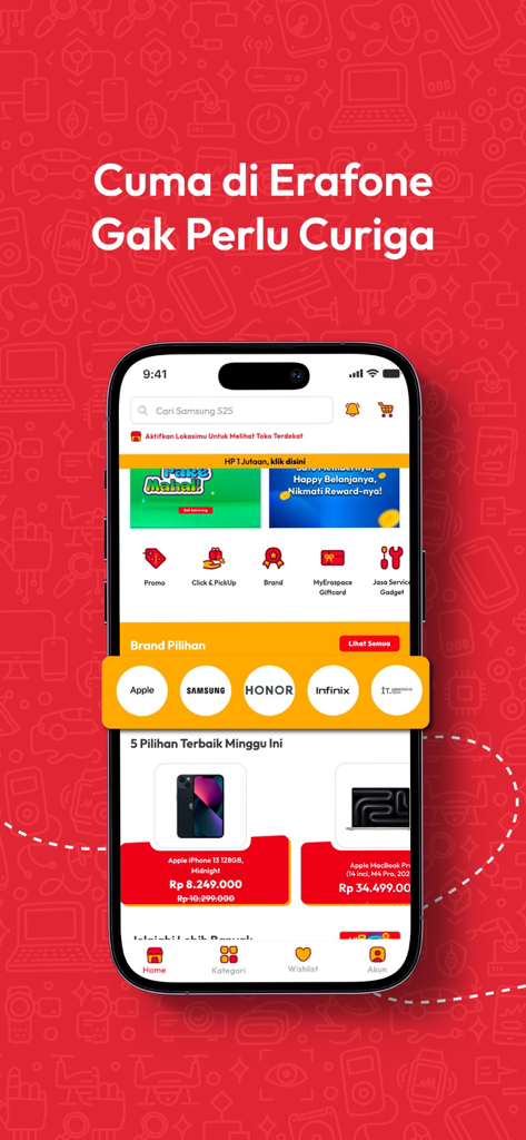 The home screen of the Erafone app displaying featured brands like Apple and Samsung and a variety of electronic gadgets.
