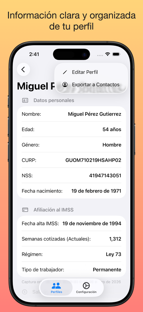 Pantalla móvil mostrando el perfil de usuario en MiPension.MX con datos de afiliación al IMSS y detalles de jubilación