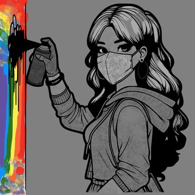 realistic girl with mask spray painting a wall