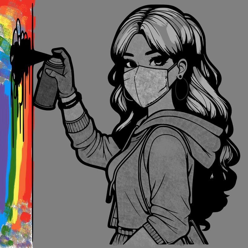 realistic girl with mask spray painting a wall