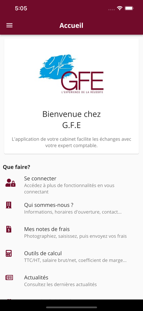 Home screen of the GFE financial management app showing the welcome message and main navigation menu.