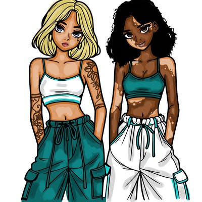 two girls with crop top with baggy pants