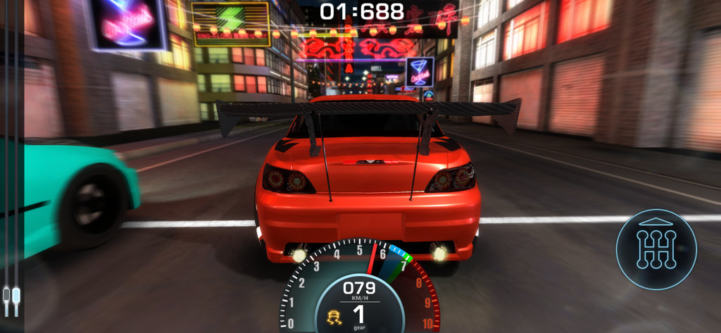 Drag Battle: Race Car Games 3D - Customized red sports car with large spoiler racing in a night city environment