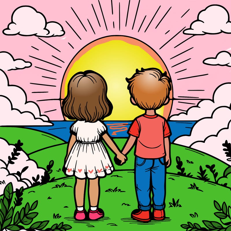 girl and boy holding hands in sunset