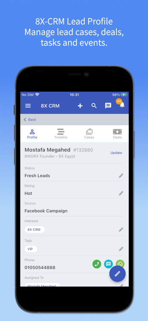 8X CRM mobile app interface showing a lead profile with contact details, status, and communication options.