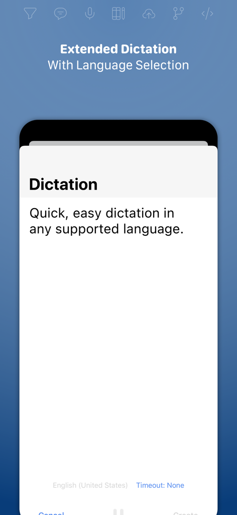 Screenshot of the Drafts app showing the extended dictation feature with multi-language support.