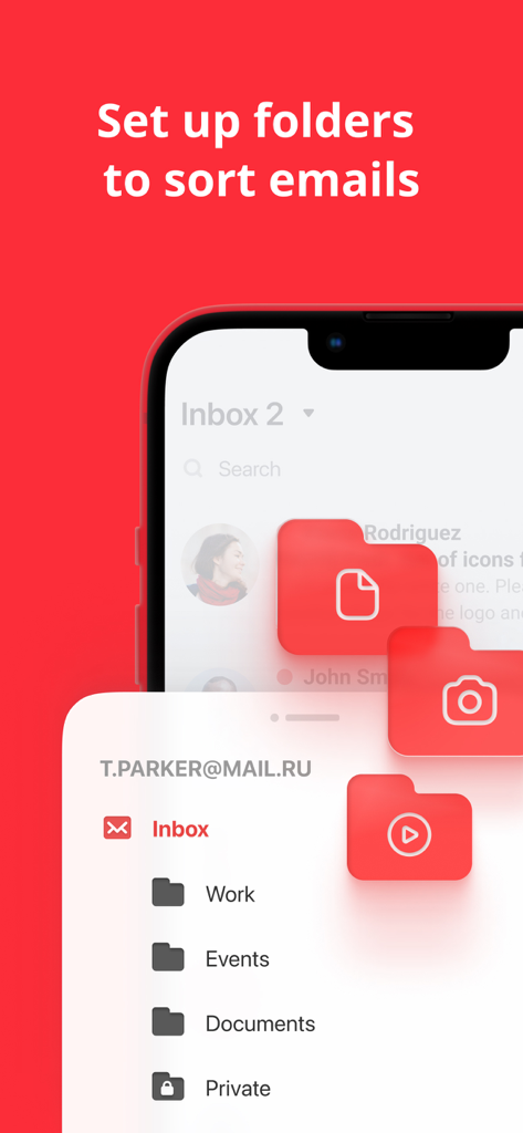 myMail box: email client app - myMailアプリのモバイルインターフェース。仕事、イベント、ドキュメントなどのフォルダーにメールを整理・分類するオプションを表示