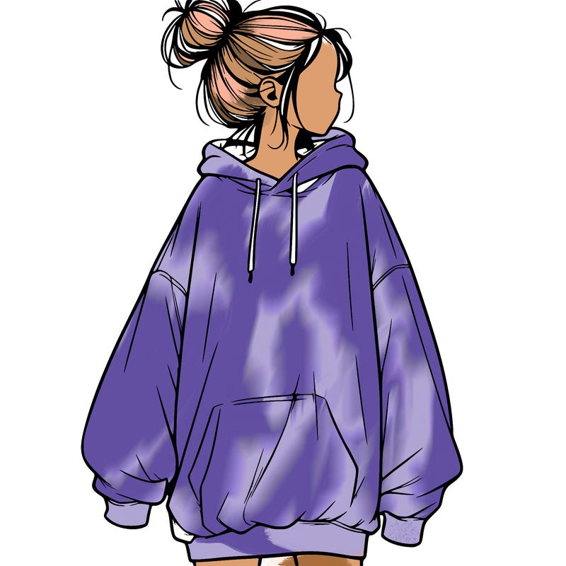 realistic girl with a oversized sweatshirt on and a bun
