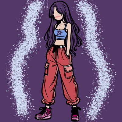 girl in baggy pants crop top and long hair