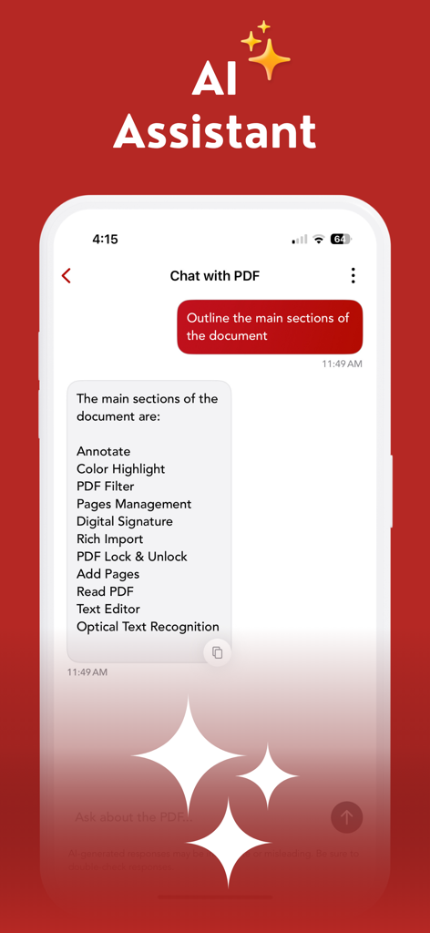 Función de Asistente de IA en la aplicación Editor de PDF que muestra una interfaz de chat que describe las secciones principales de un documento.