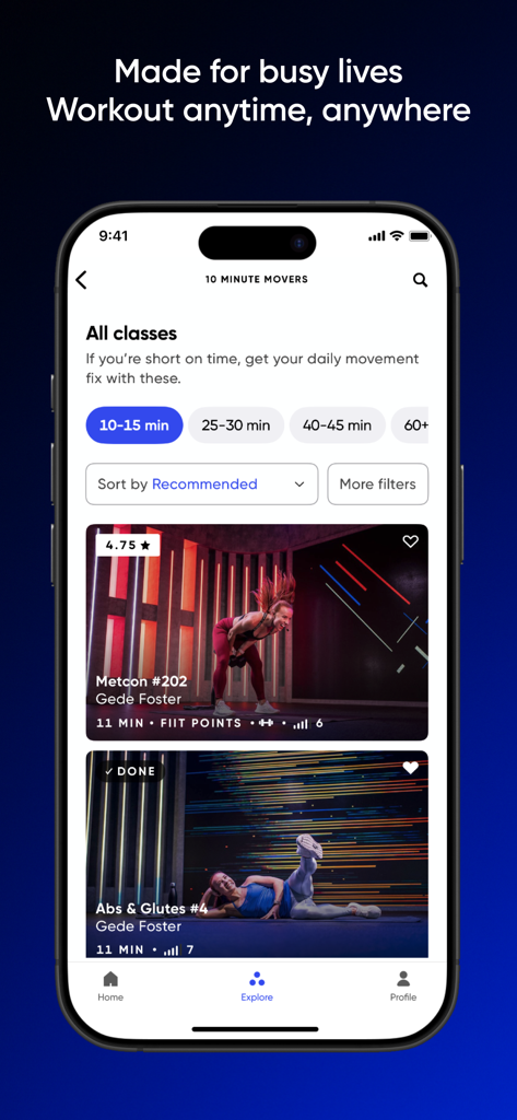 Fiit: Workouts & Fitness Plans - Fiit app interface showing 10-minute mover workout classes with time duration filters for busy users